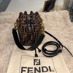 Brown & Black Double FF Monogram Drawstring Mini Bucket Bag